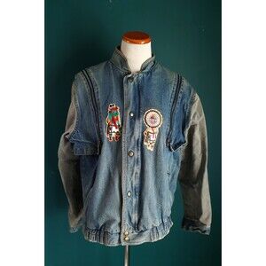 Vintage 90s Denim Jacket Blue Zip Off Sleeves Convertible Native American Patch